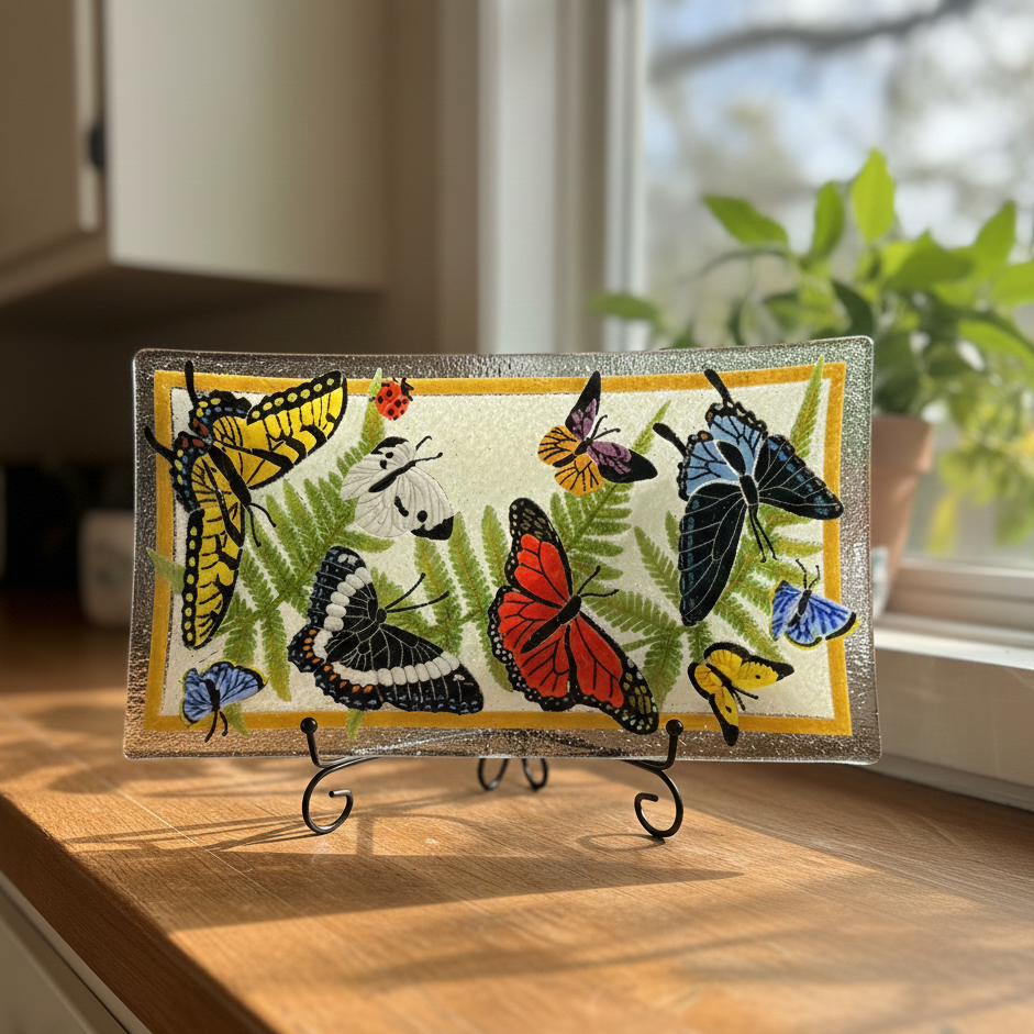Decorative glass panel with butterfly design on a stand in a home setting