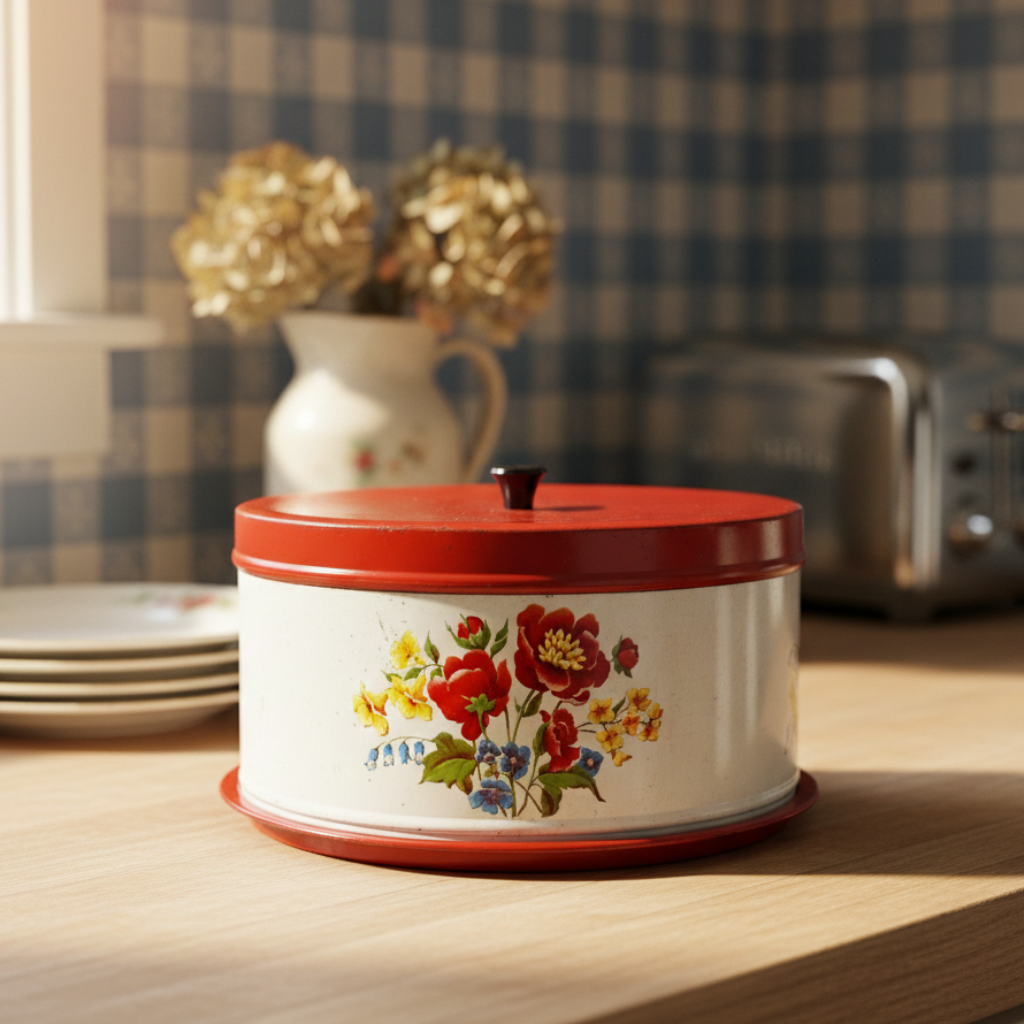 Decorative kitchen canister with floral design on a wooden surface, checkered wall in the background