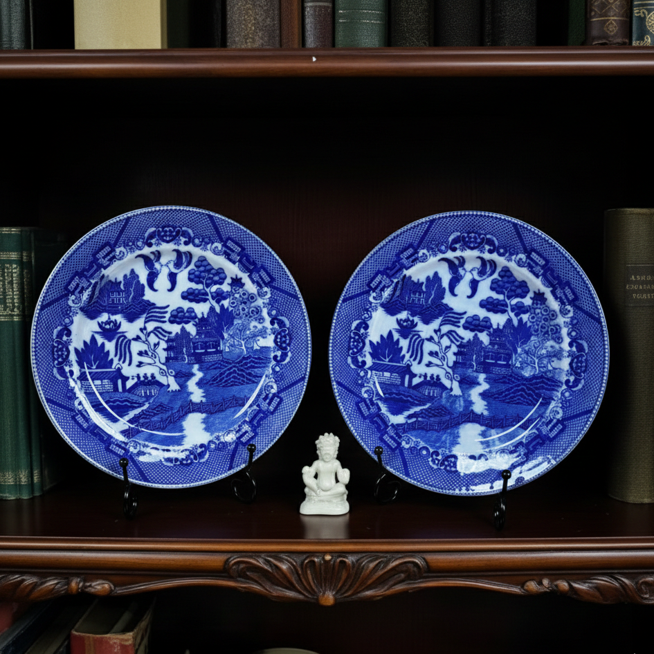 Two blue and white decorative plates on stands with a small statue in front of a bookshelf.