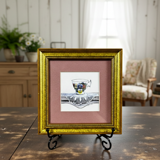 Vintage Teacup on Lace Doily Framed Art – Gold Wooden Frame Cottagecore Wall & Shelf Decor