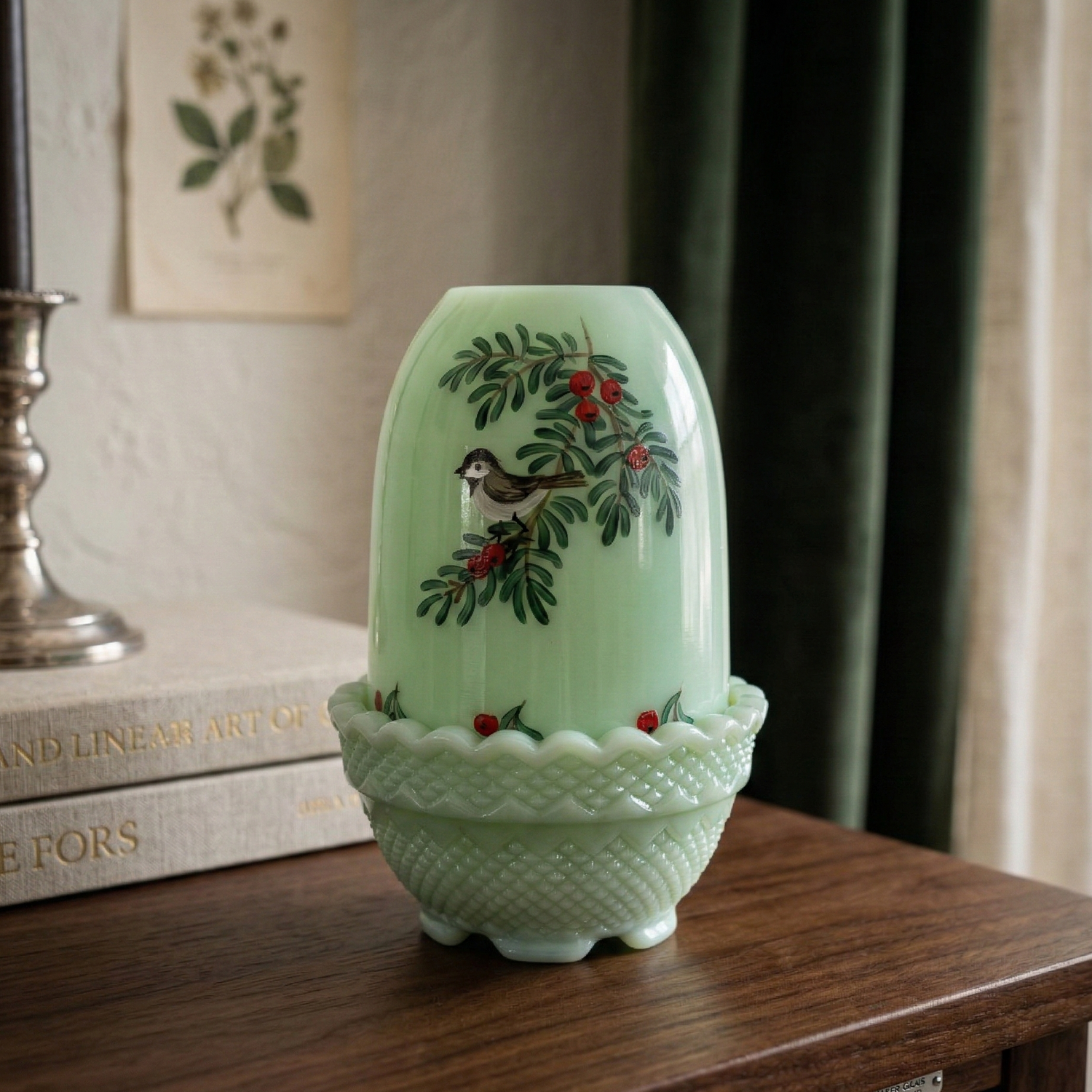 Limited edition Fenton Art Glass jadeite fairy lamp with hand painted chickadee