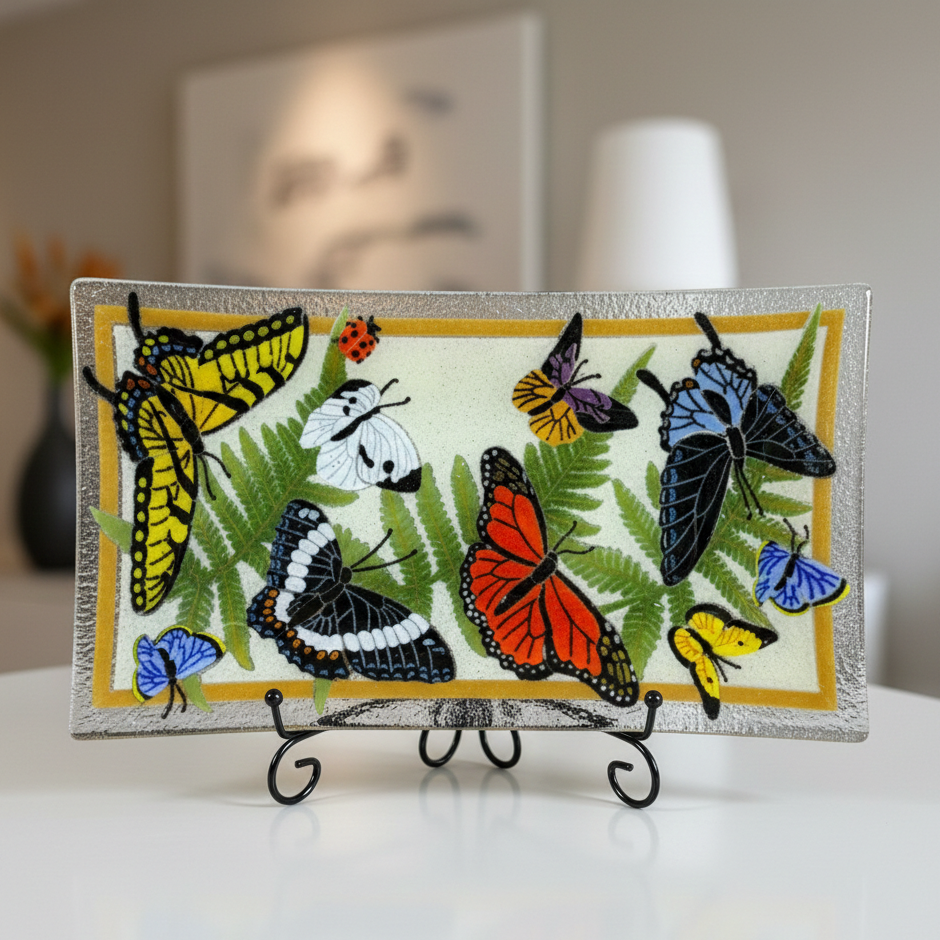 Decorative plaque with colorful butterflies on a stand against a blurred indoor background