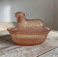 Vintage Boyd Glass lamb on nest candy dish pink