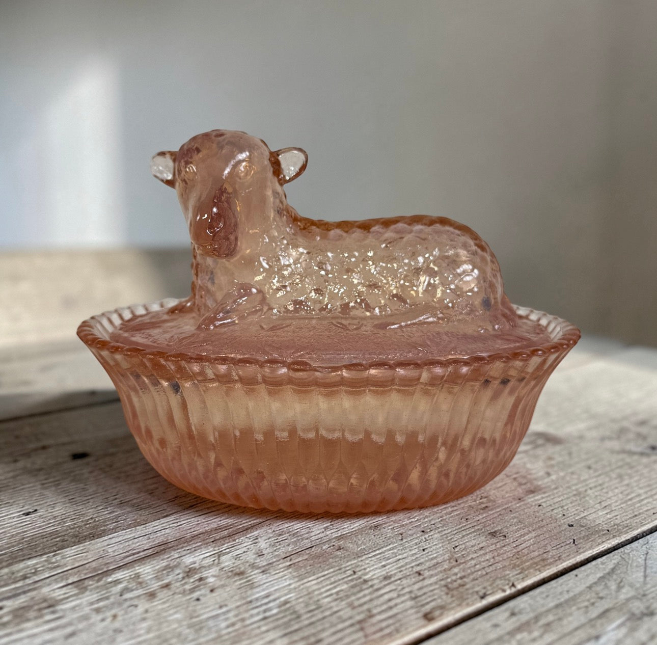 Vintage Boyd Glass lamb on nest candy dish pink