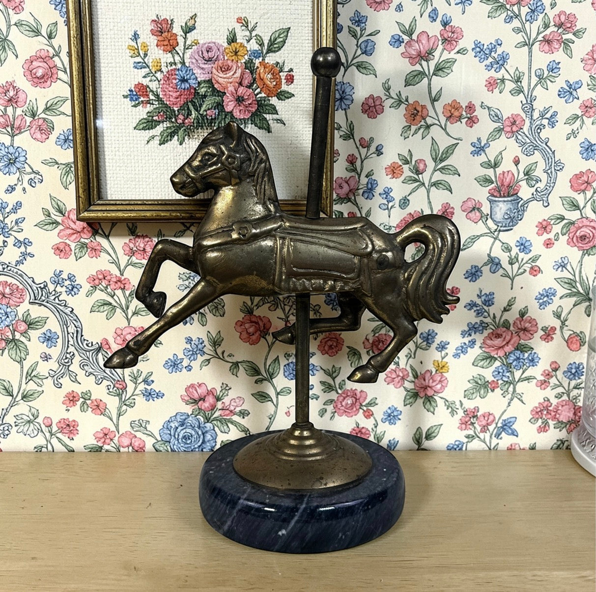 Vintage brass carousel horse figurine marble base