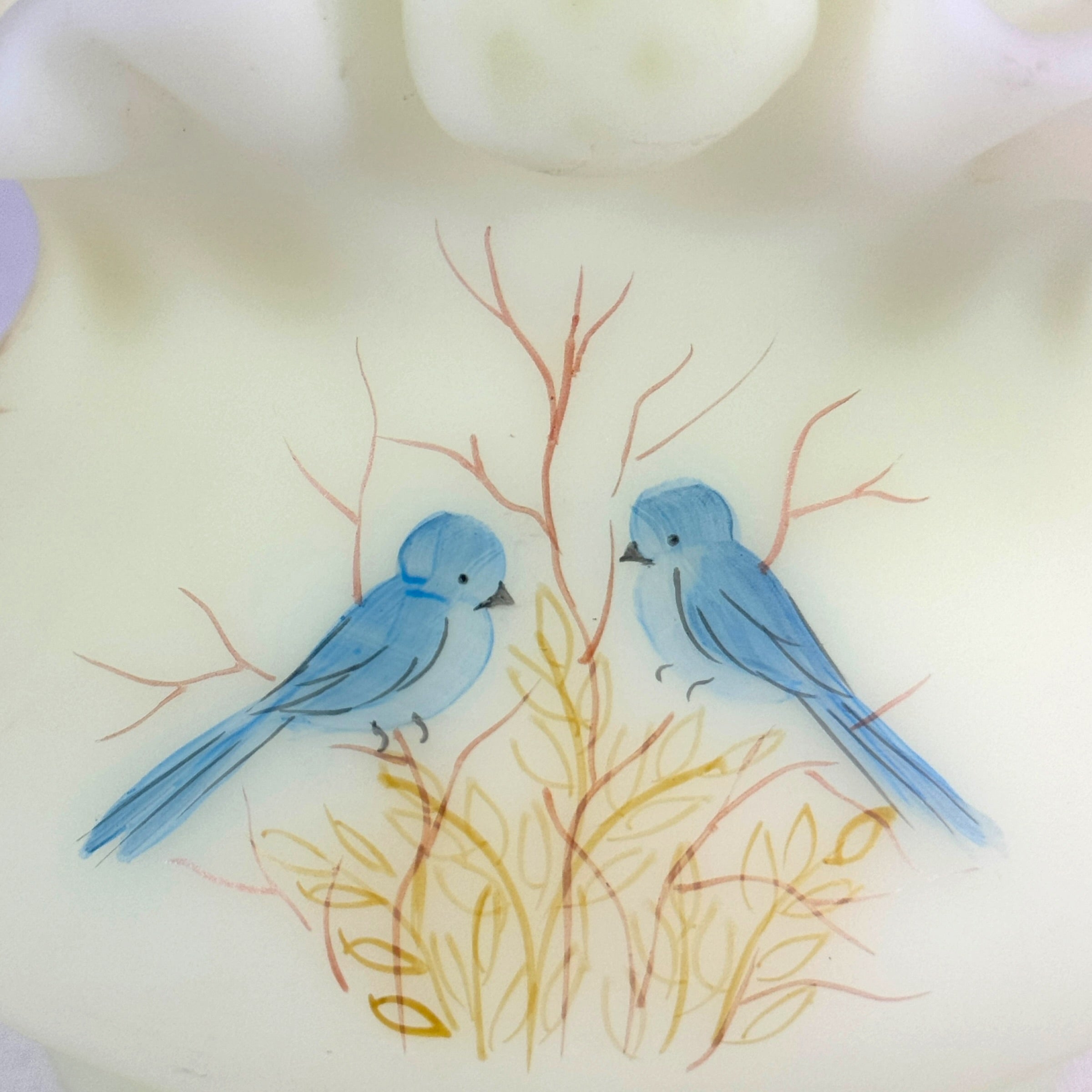 Signed Fenton Bluebirds on Custard uranium art glass basket