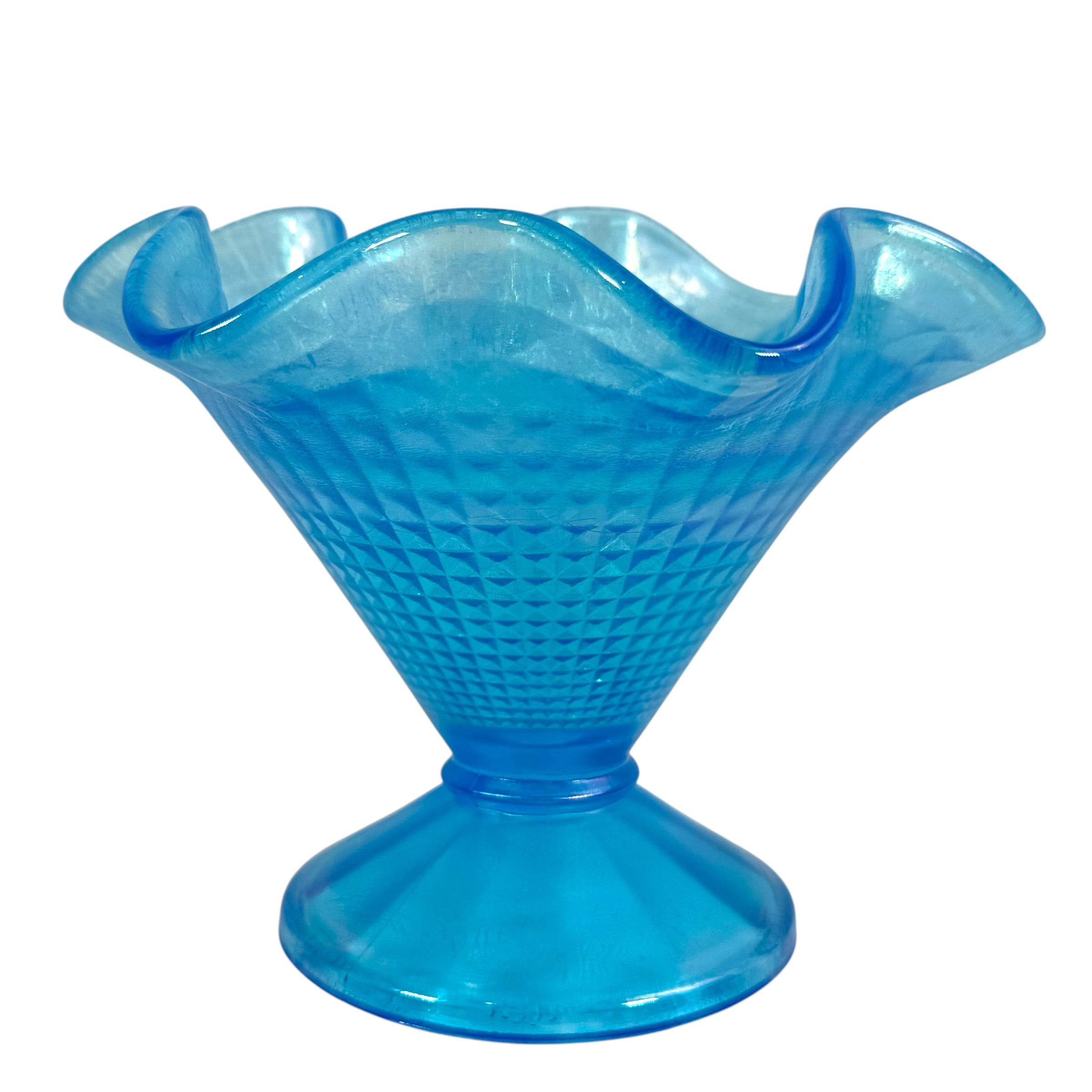 Fenton Celeste Blue quilted diamond ruffled pedestal vase