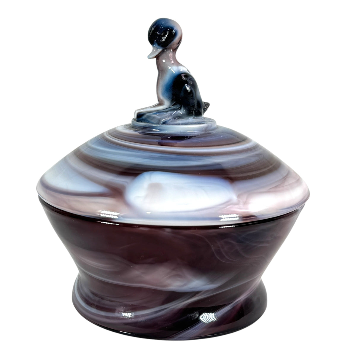 Imperial Glass purple slag covered jar with duck finial
