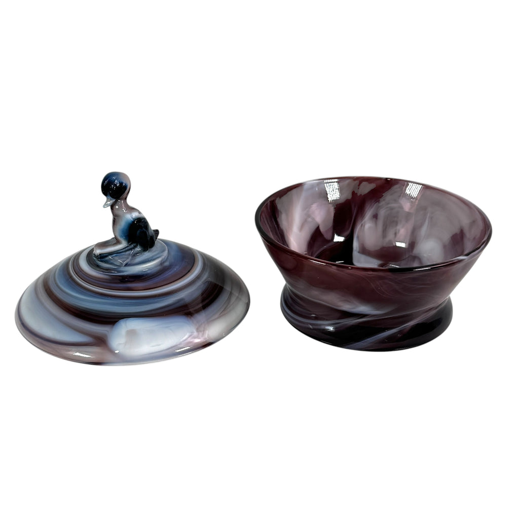 Imperial swirled purple slag lidded jar with figural duck