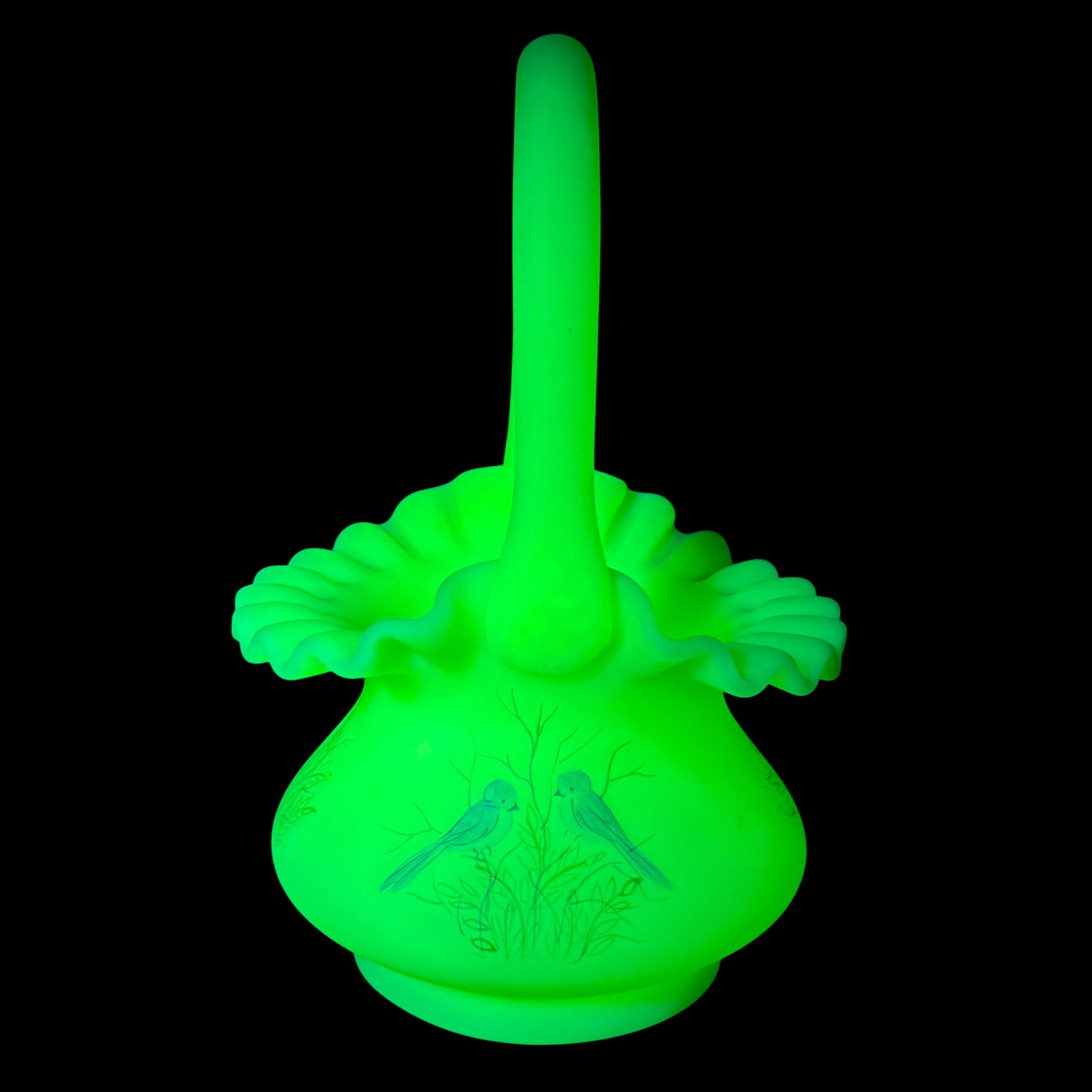 Fenton custard uranium glass Bluebirds hand-painted basket