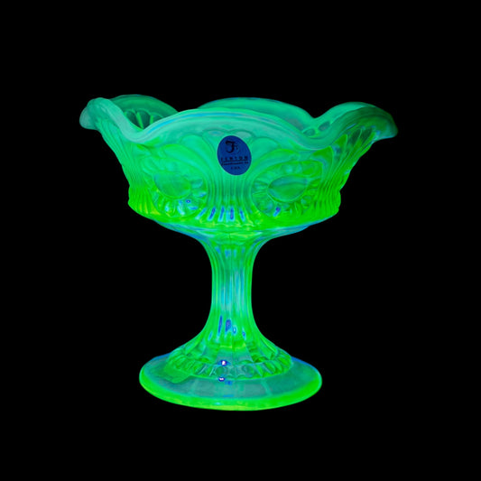 Fenton topaz opalescent vaseline glass footed compote dish iridescent eye scroll pattern