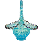 Fenton blue iridescent Starburst Diamond basket with twisted handle
