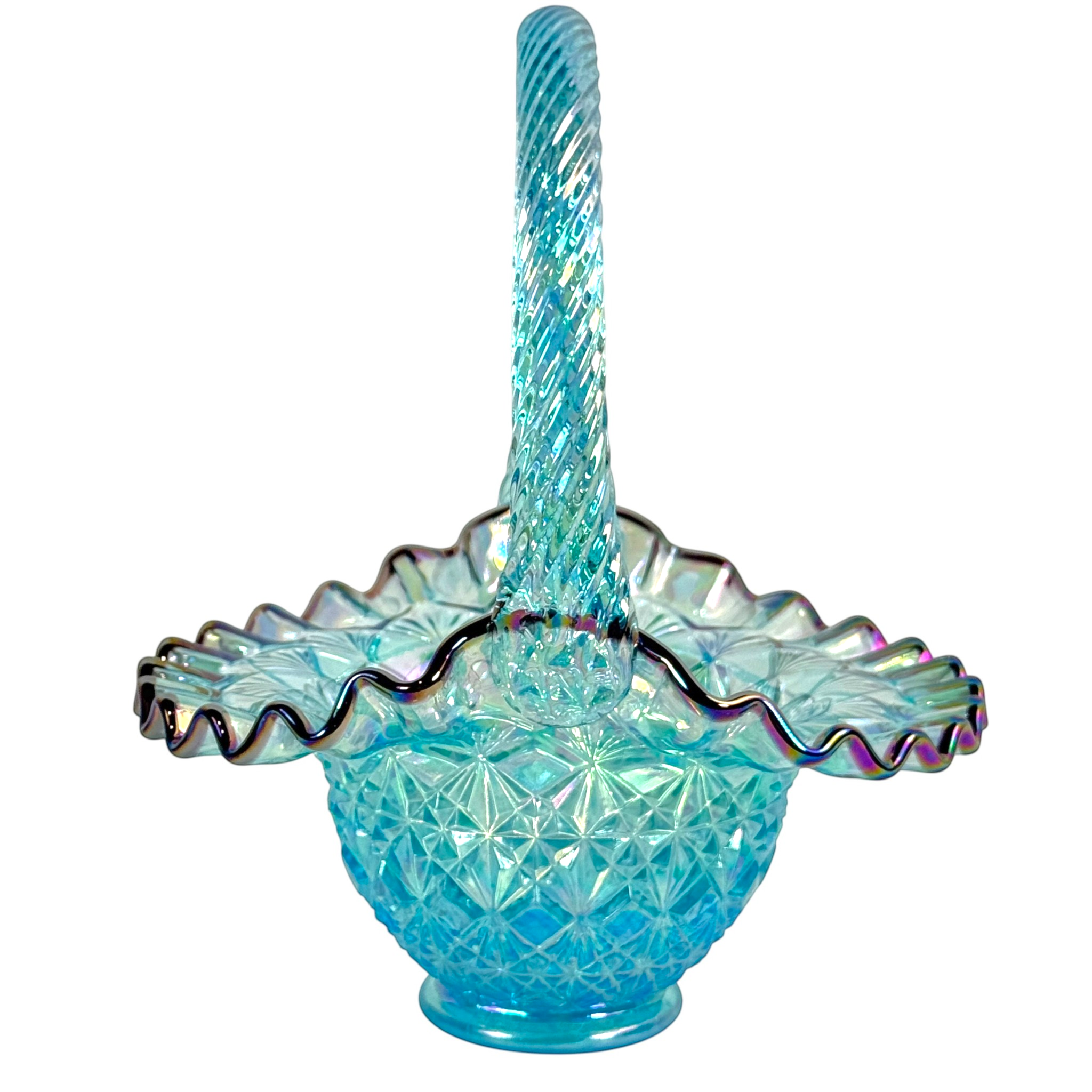Fenton blue iridescent Starburst Diamond basket with twisted handle