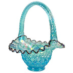 Vintage Fenton blue art glass basket with ruffled edge