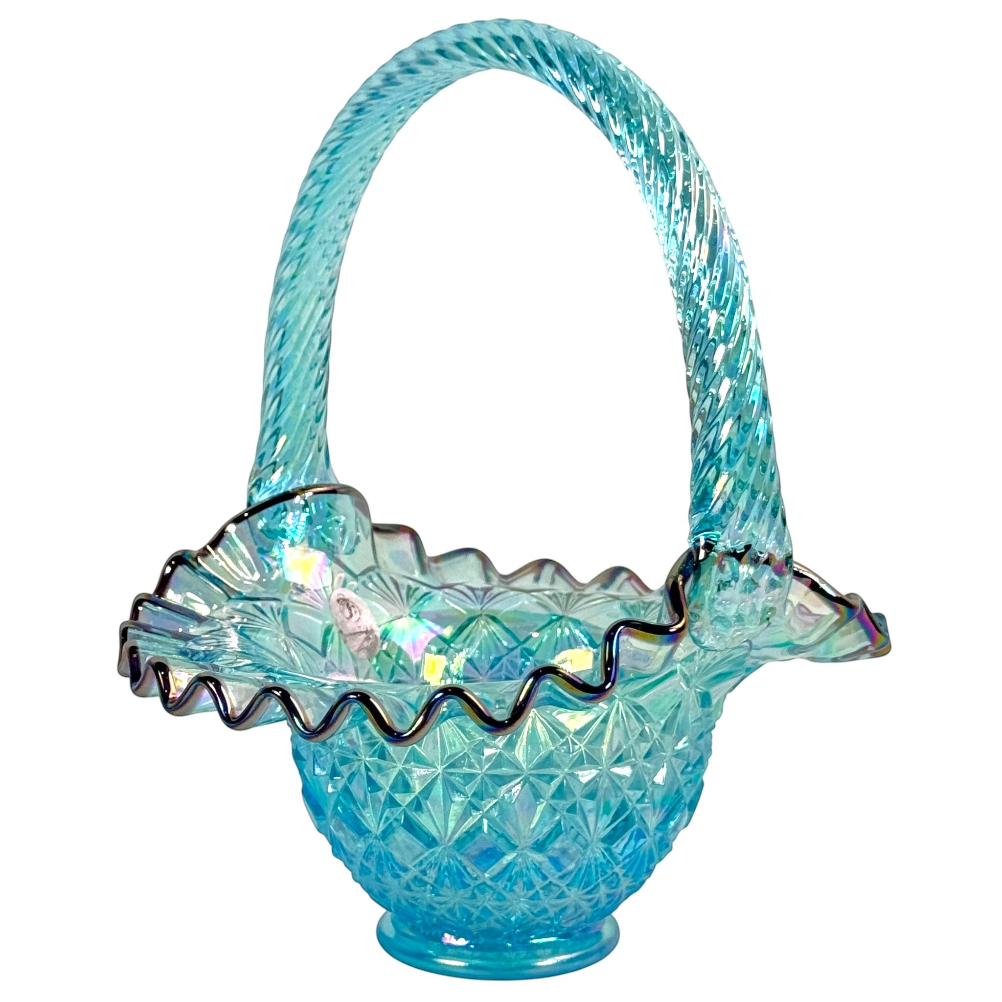Vintage Fenton blue art glass basket with ruffled edge