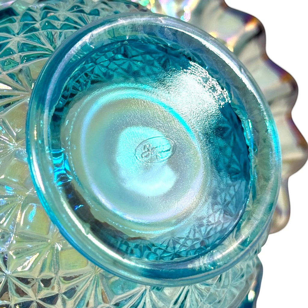 Fenton Blue Iridescent Carnival Starburst Diamond Basket with Twisted Handle