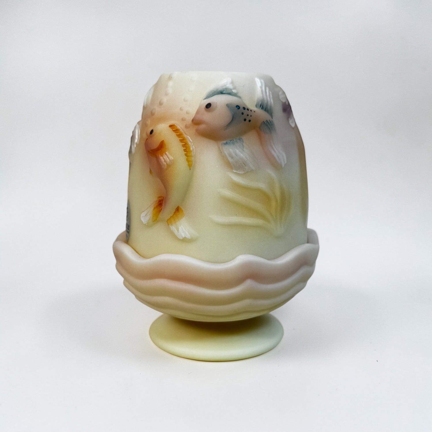 Fenton Atlantis Burmese fairy lamp with hand painted koi fish uranium glass