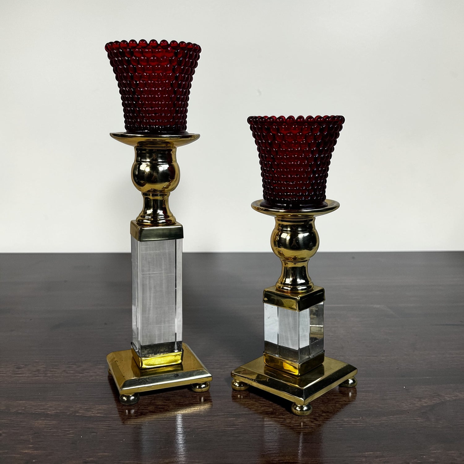 Amberina hobnail glass votive holders set brass crystal candlesticks vintage decor