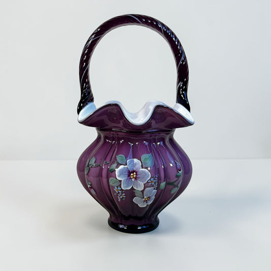 Fenton sweet briar plum overlay glass basket hand painted floral 1997 collectible