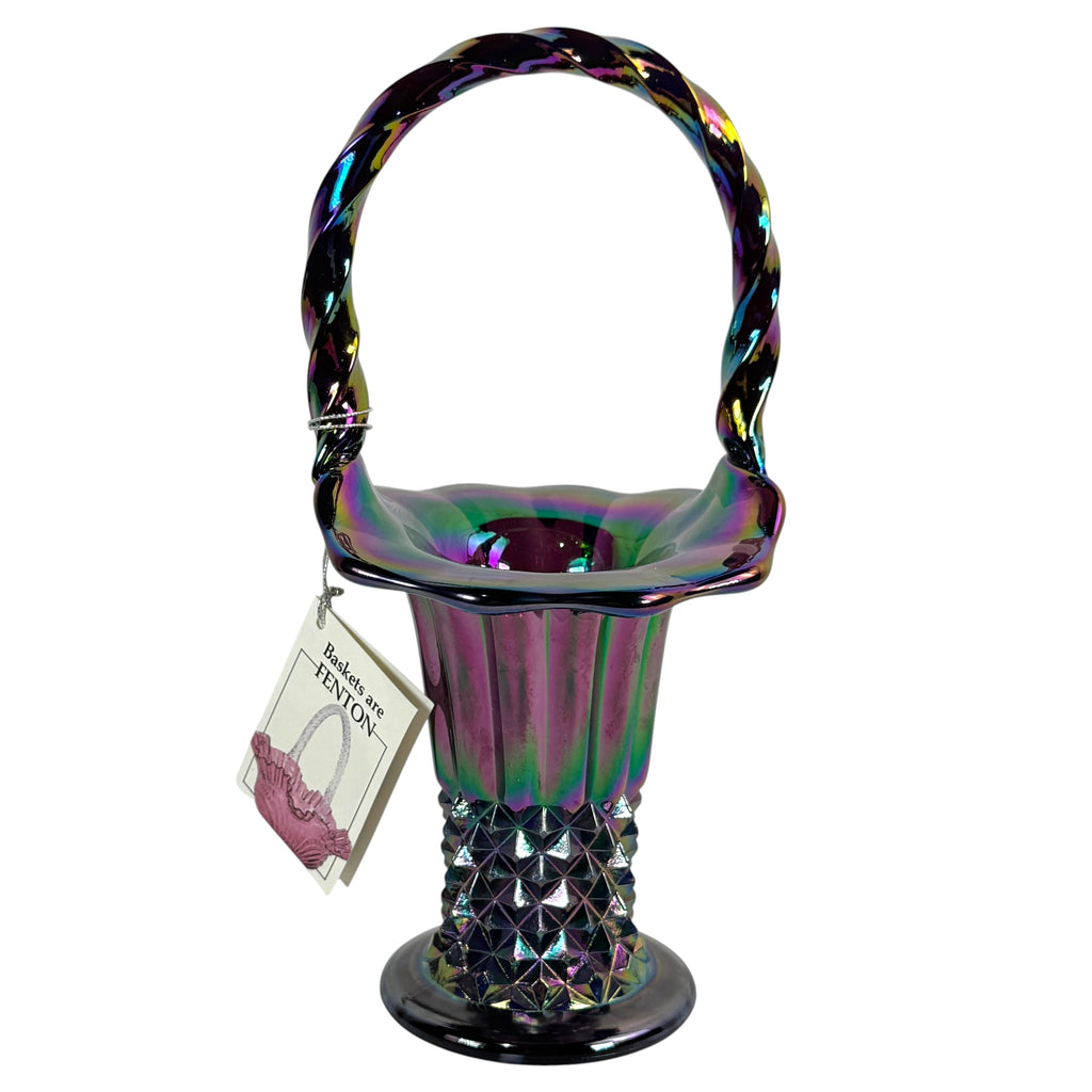 Fenton Amethyst Carnival studded glass basket with original hang tag