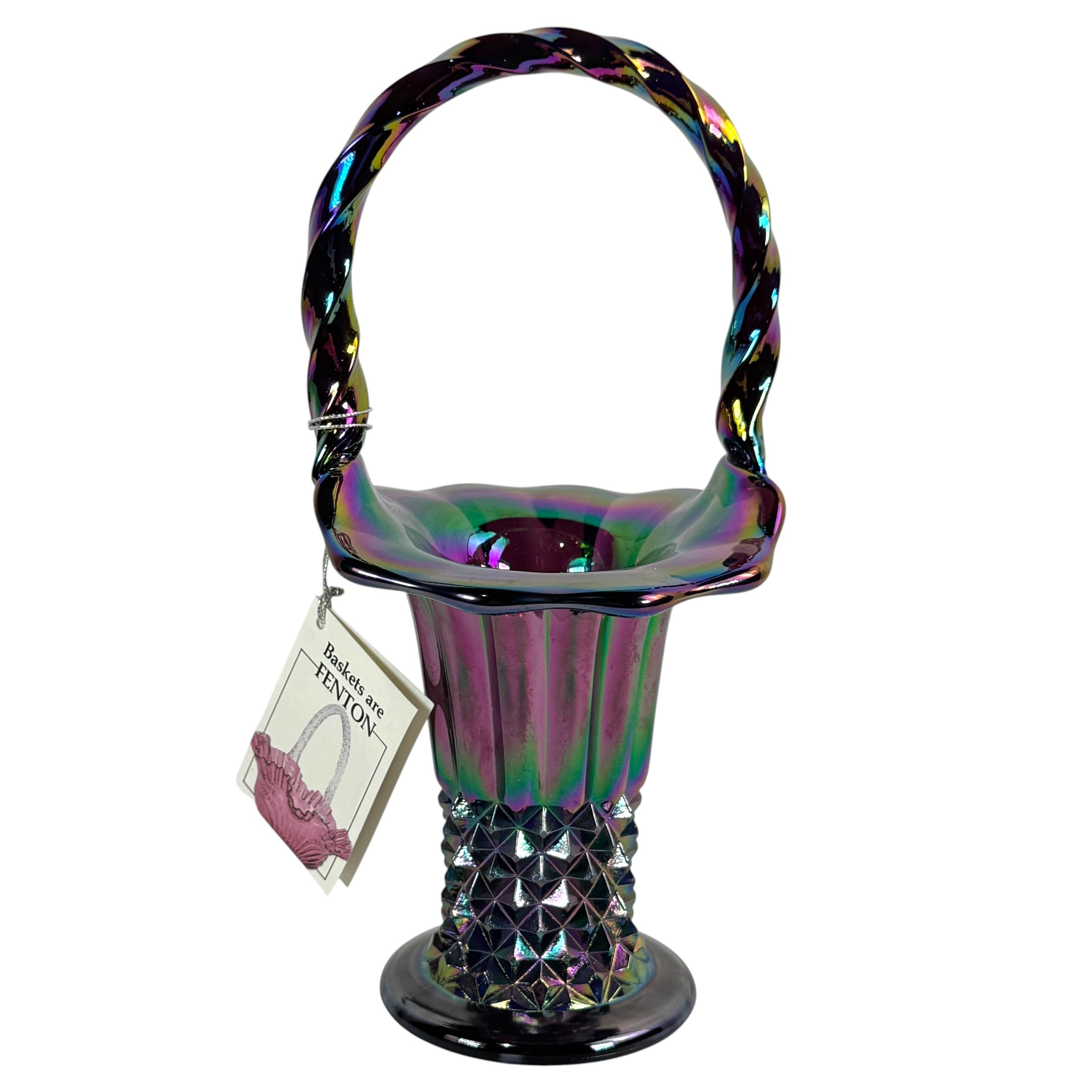Fenton Amethyst Carnival studded glass basket with original hang tag