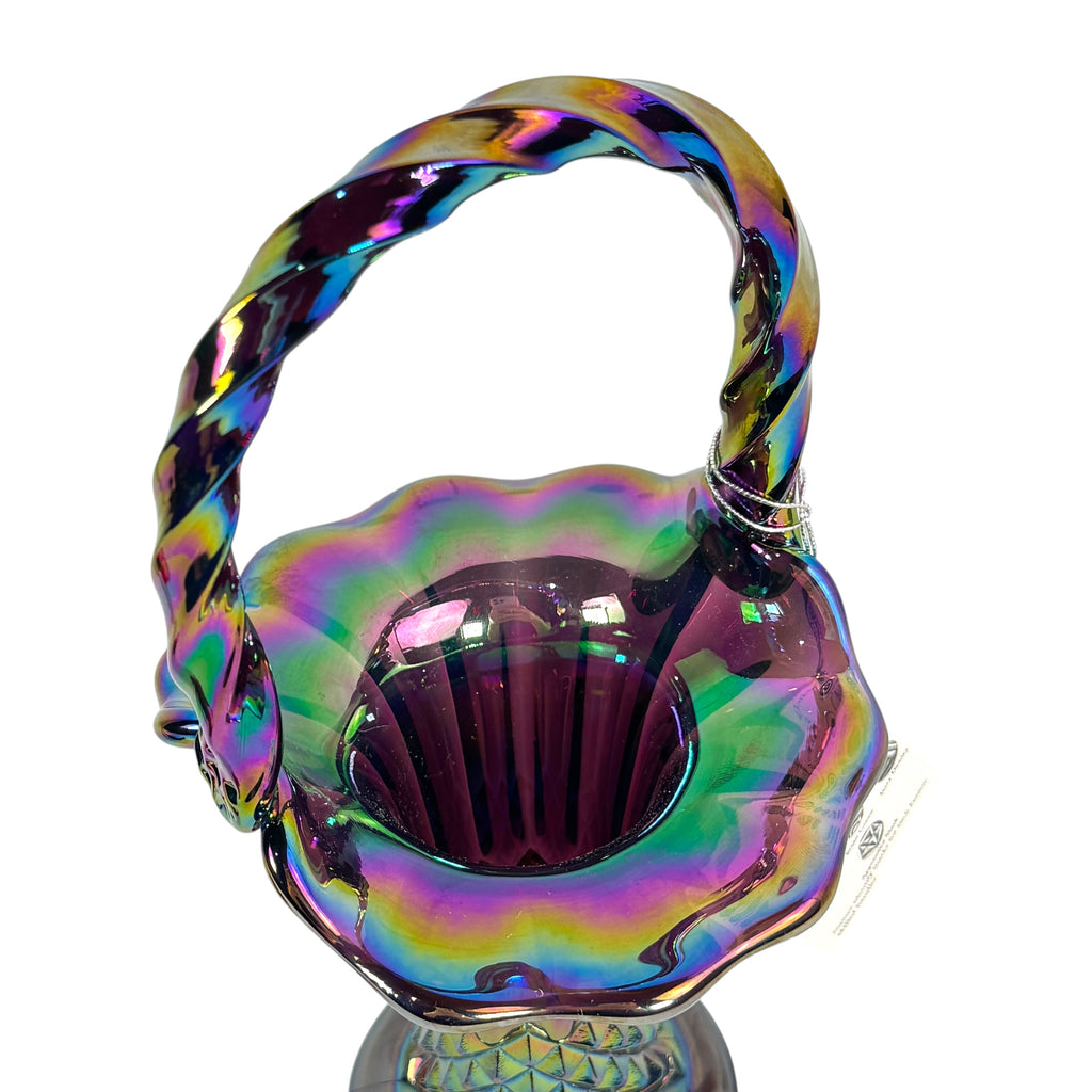 Iridescent Fenton studded basket with Baskets are Fenton tag
