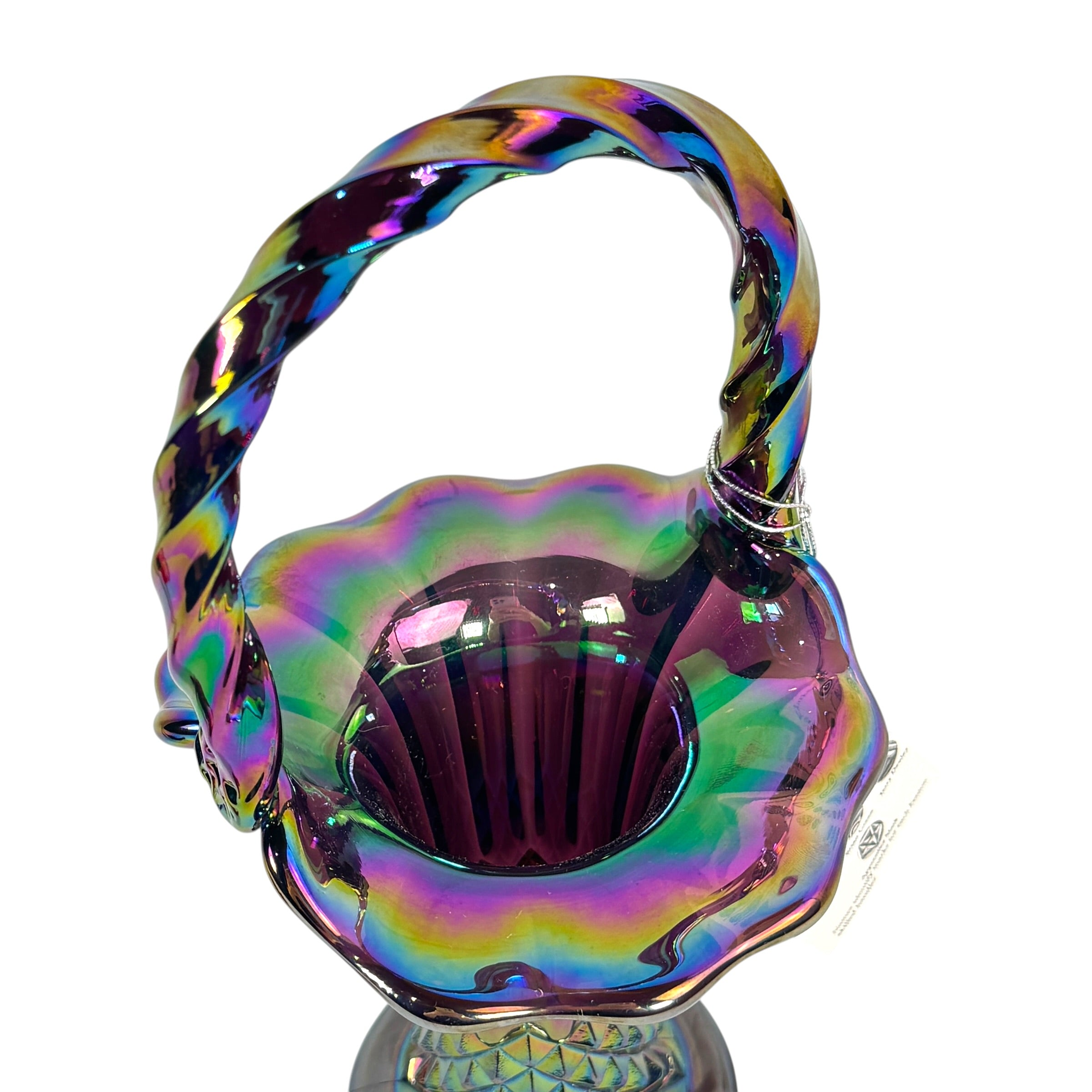 Iridescent Fenton studded basket with Baskets are Fenton tag