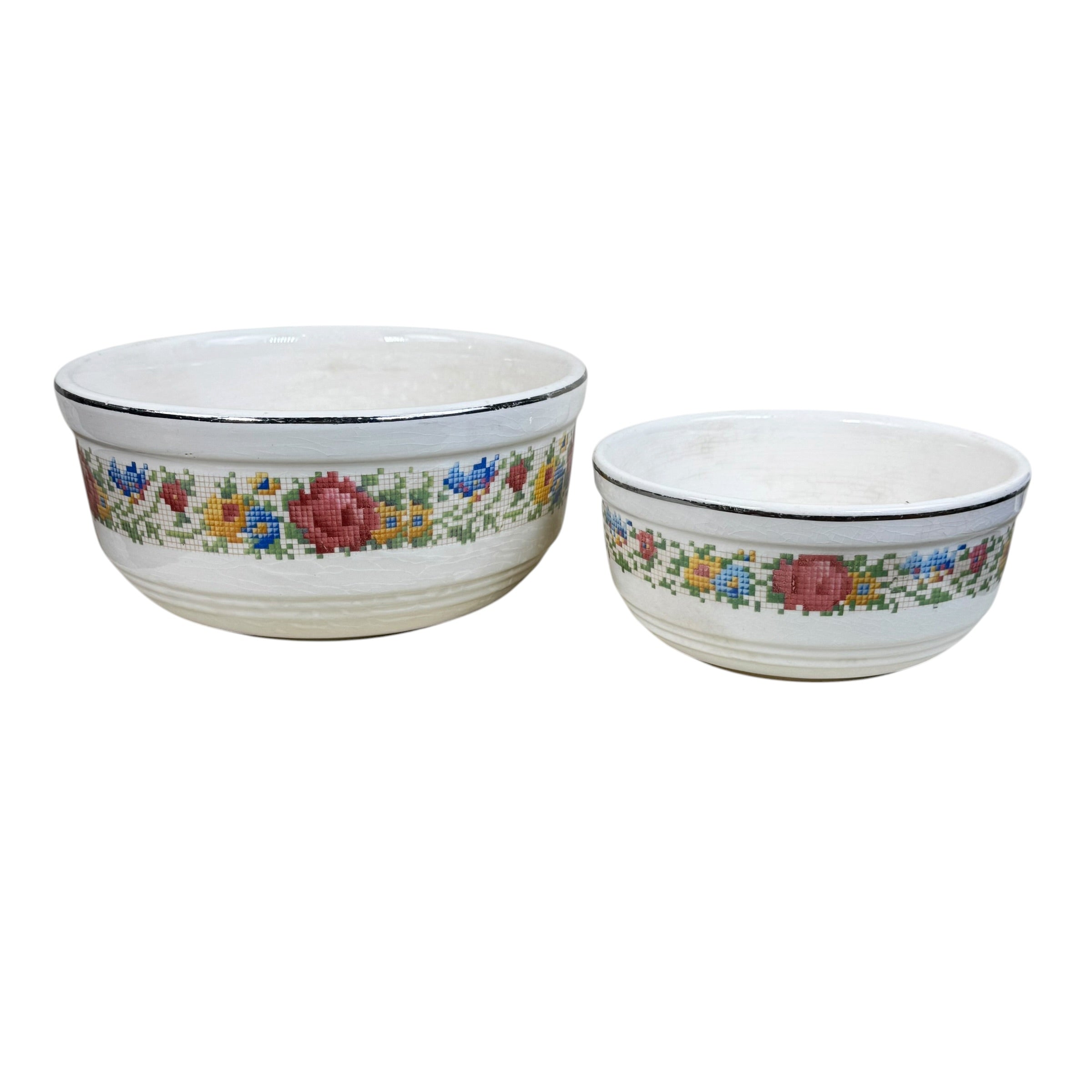 Vintage 1930s mixing bowl set cross stitch floral ceramic bowls