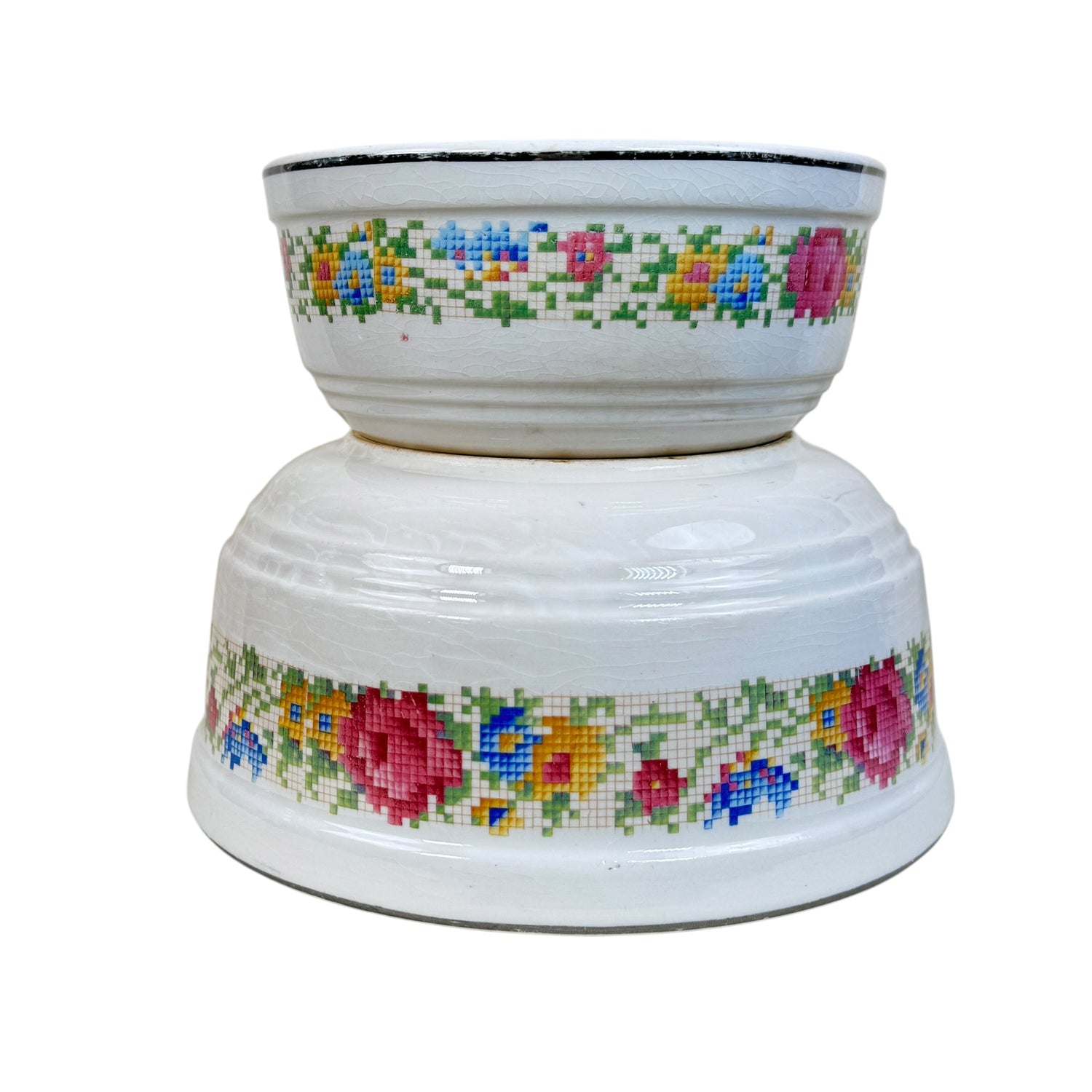 Harker Pottery Hotoven mixing bowls petit point floral 1930s set