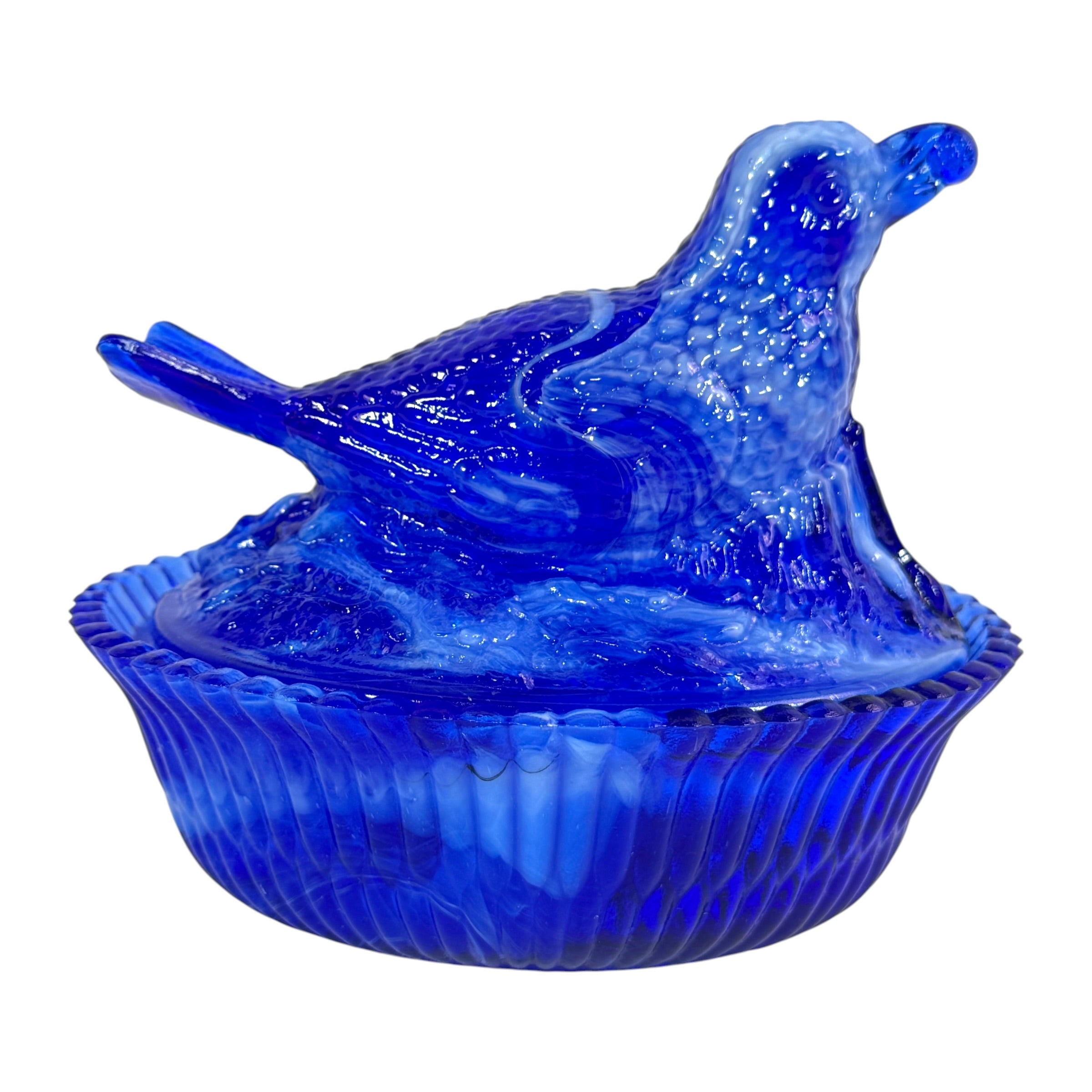 McKee cobalt blue slag glass bird on nest covered dish