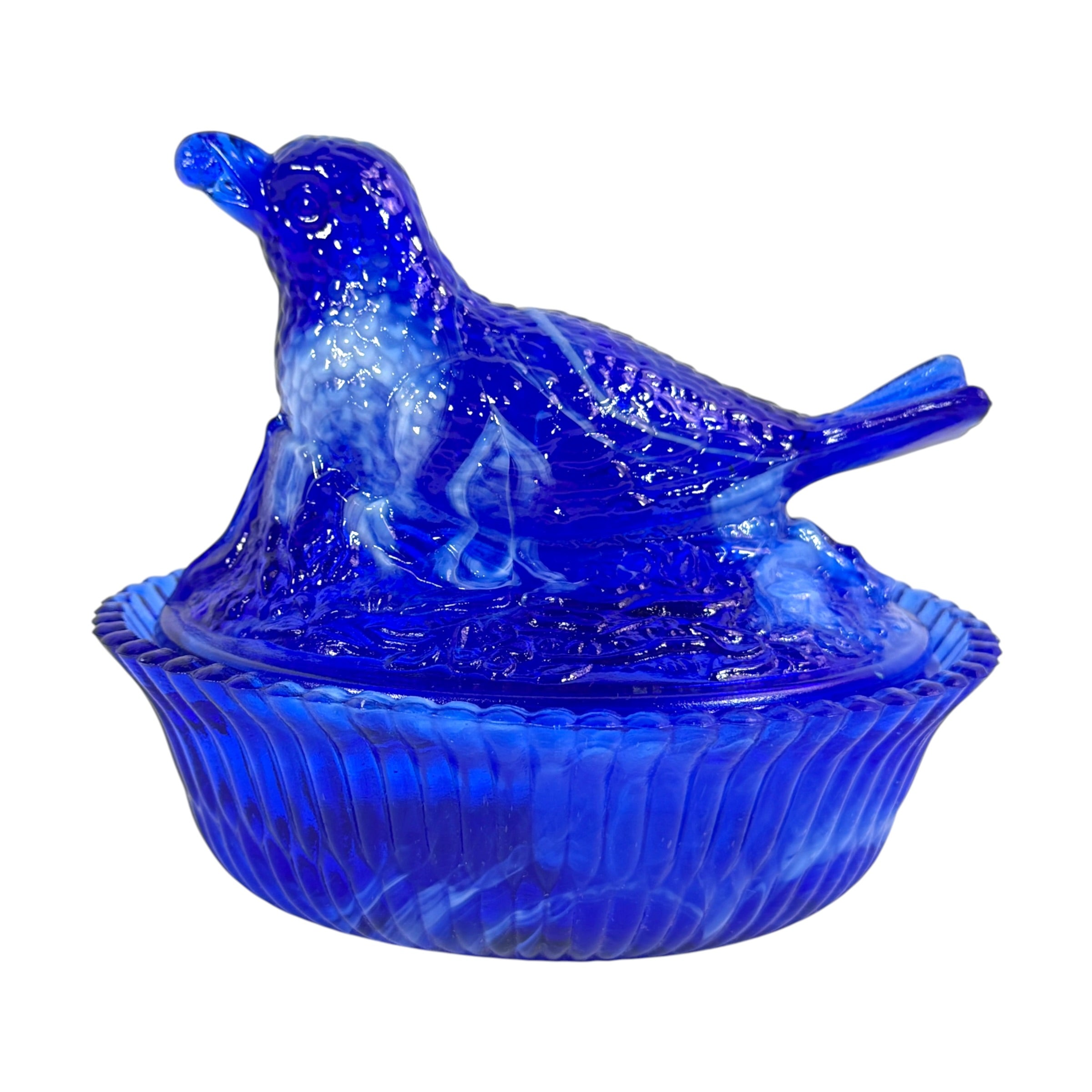 Vintage blue slag glass bird candy dish by McKee