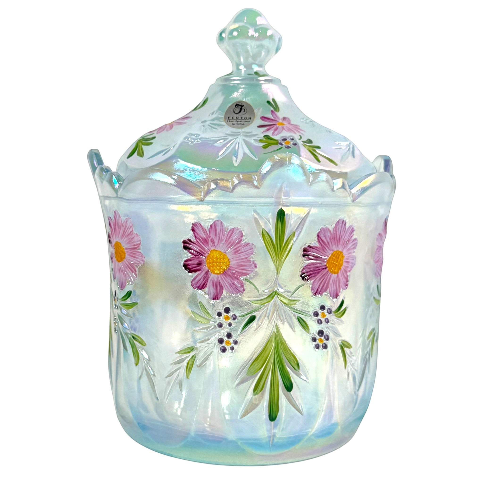 Fenton opal iridescent floral hand-painted covered candy jar