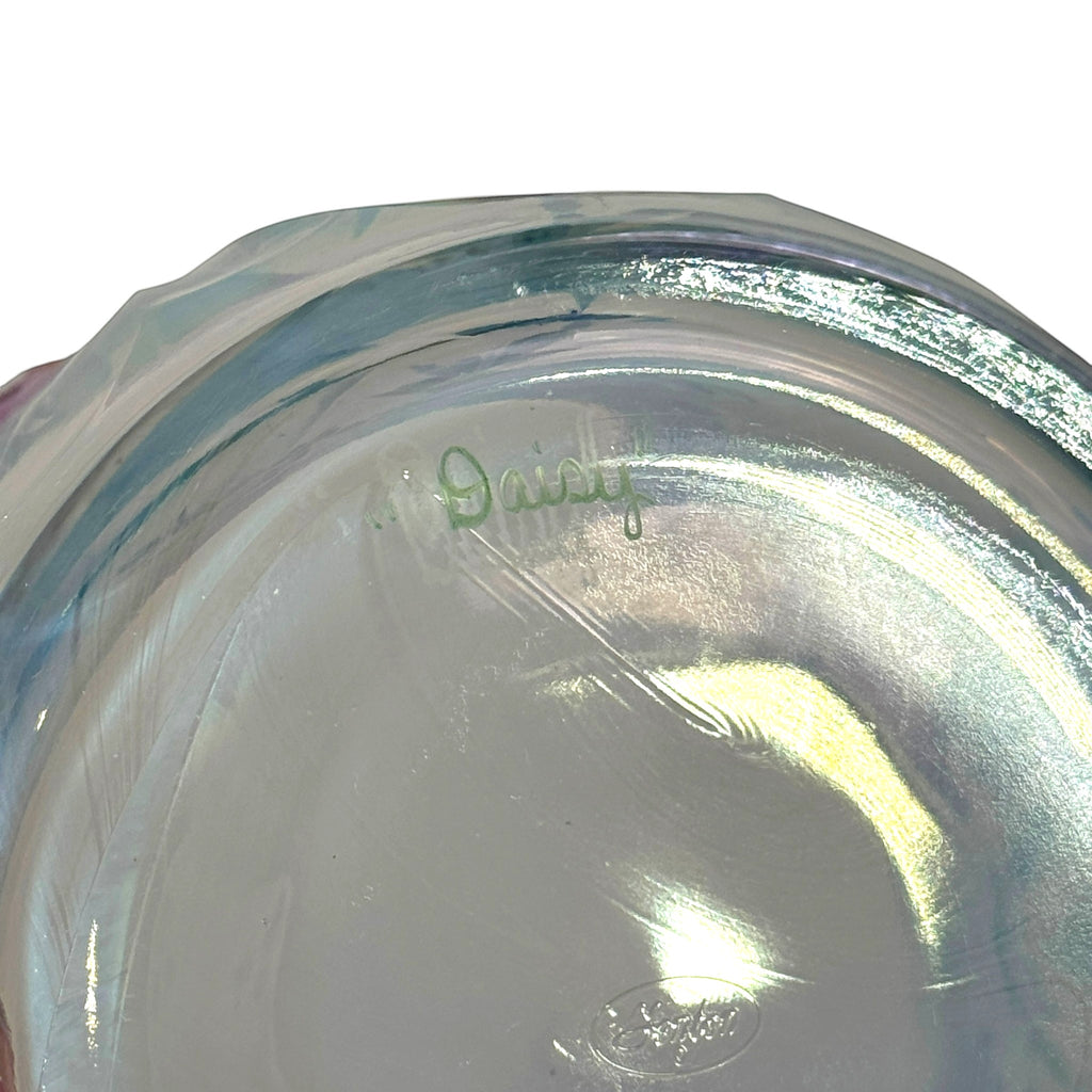 Fenton iridescent lidded jar with hand-painted floral decoration