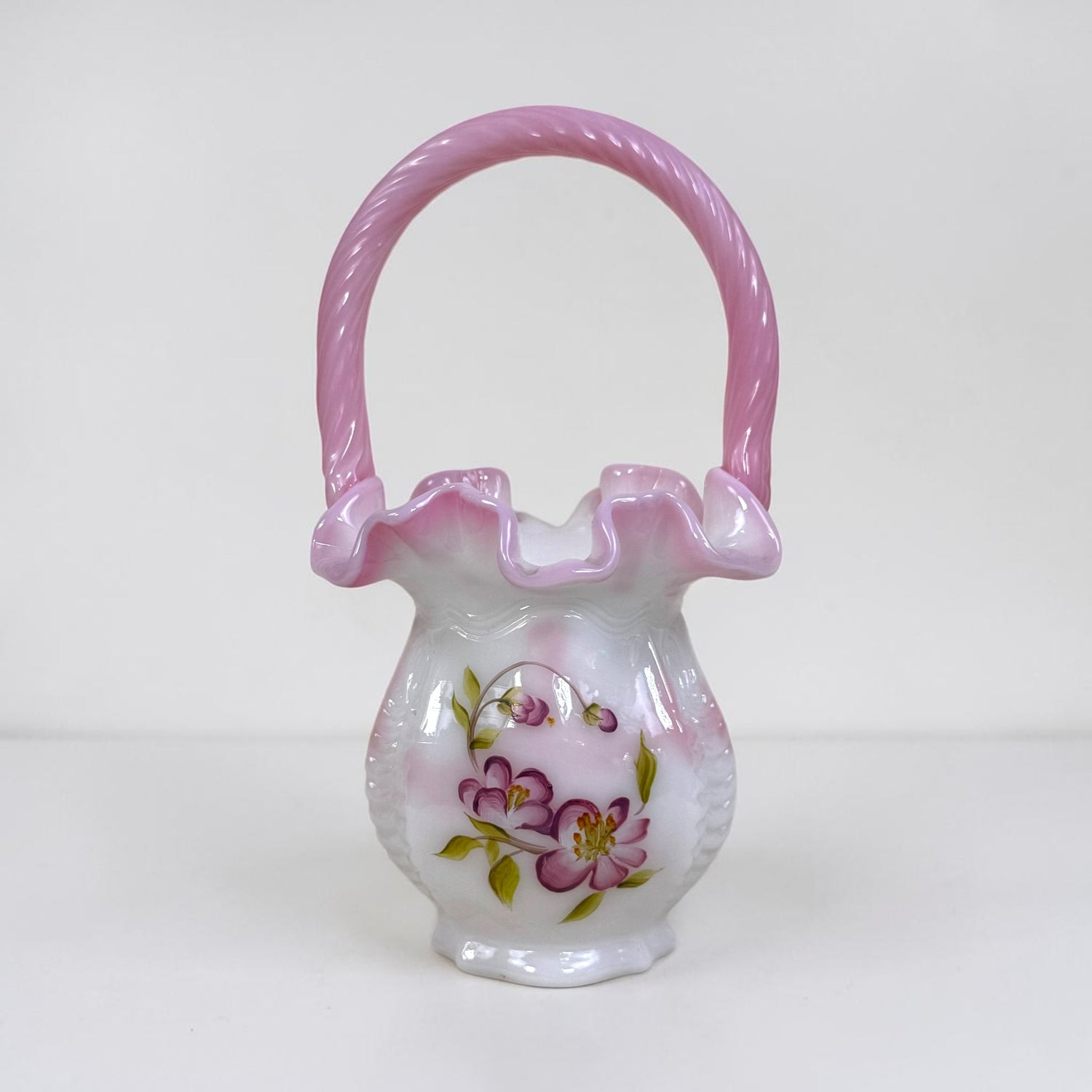 Fenton rosalene pink glass basket hand painted floral twisted handle