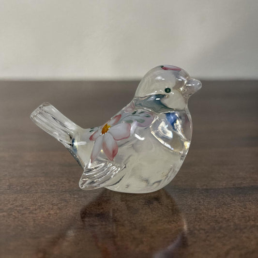 Fenton opalescent bird figurine with pink floral painting
