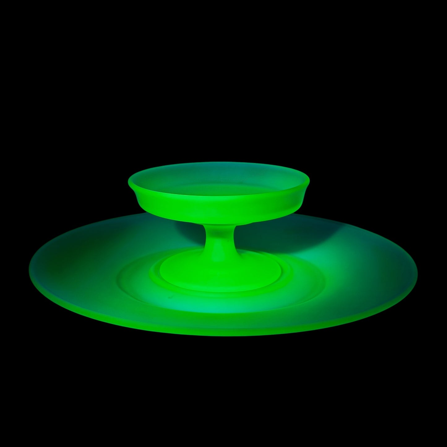 Vintage matte green glass pedestal dish display set