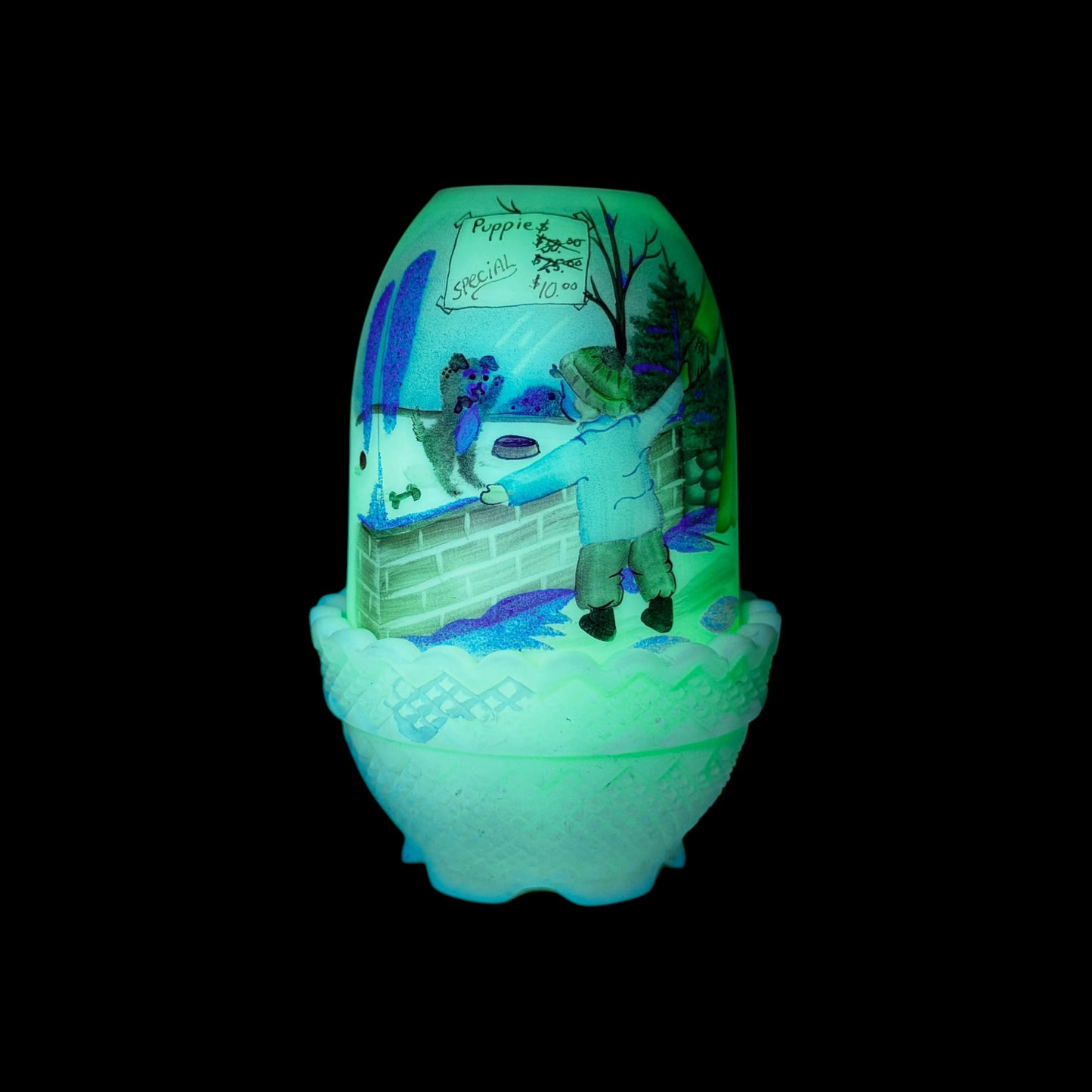 Hand painted holiday glass lamp glowing custard uranium