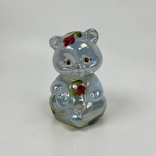 Fenton iridescent bear figurine with hand painted red tulips