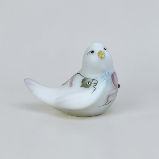 Fenton Pretty Birdy milk glass figurine with floral painting