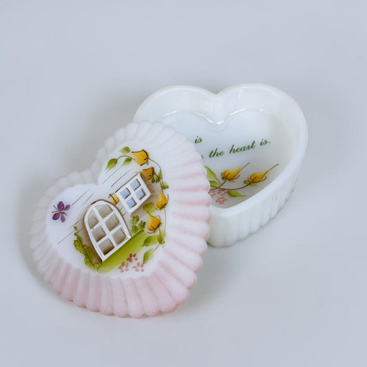 Fenton milk glass heart shaped trinket box hand painted cottage