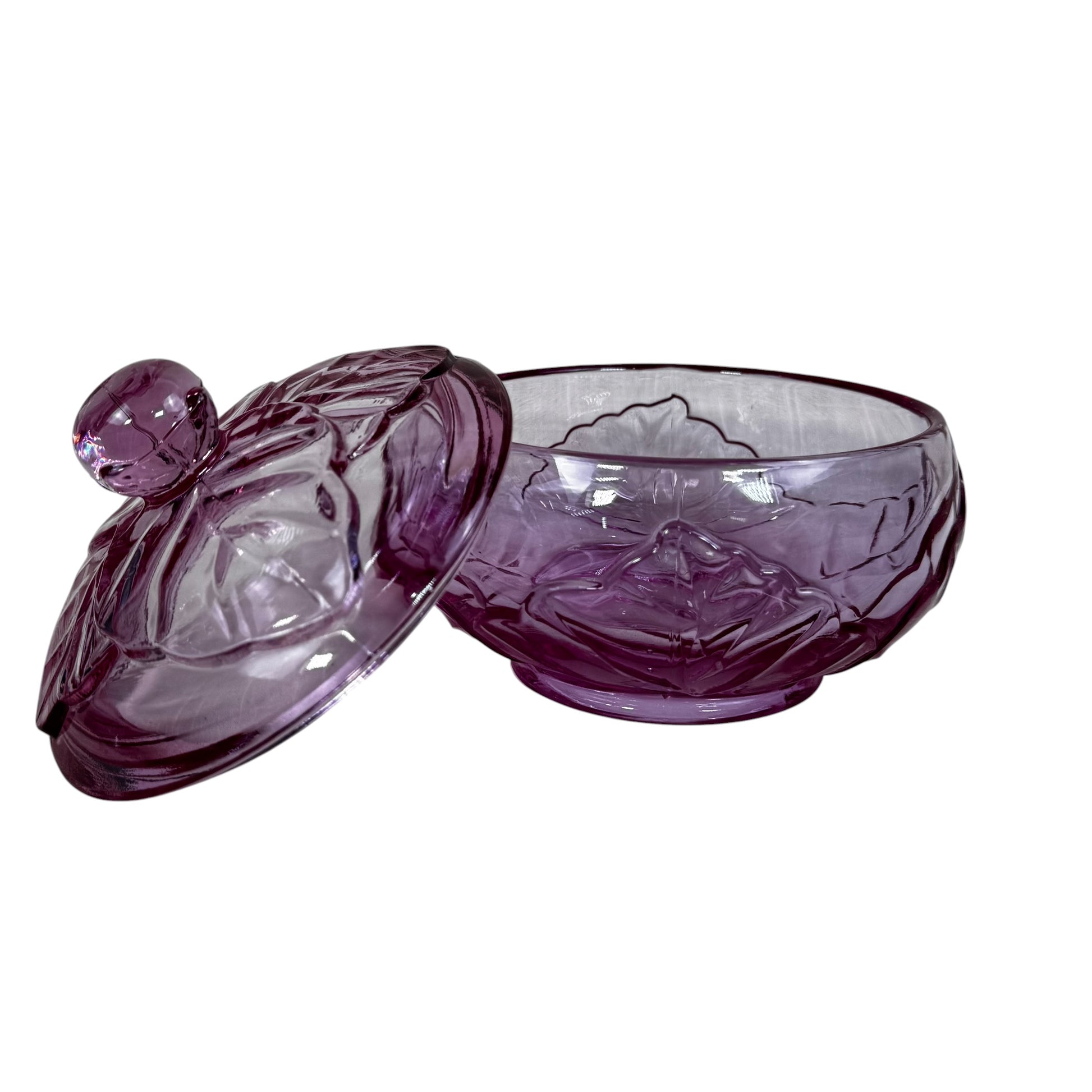 Vintage pink glass trinket dish with leaf pattern lid