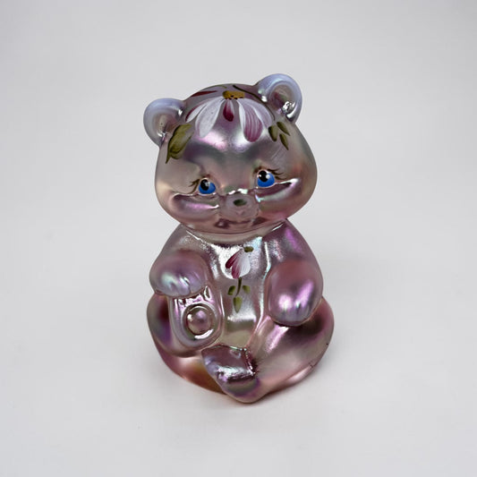 Fenton pink champagne iridescent bear figurine with floral detail