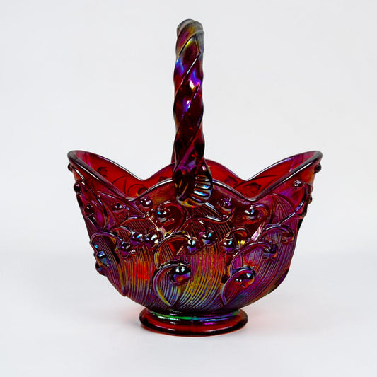Fenton ruby red amberina carnival glass basket with lily of the valley pattern