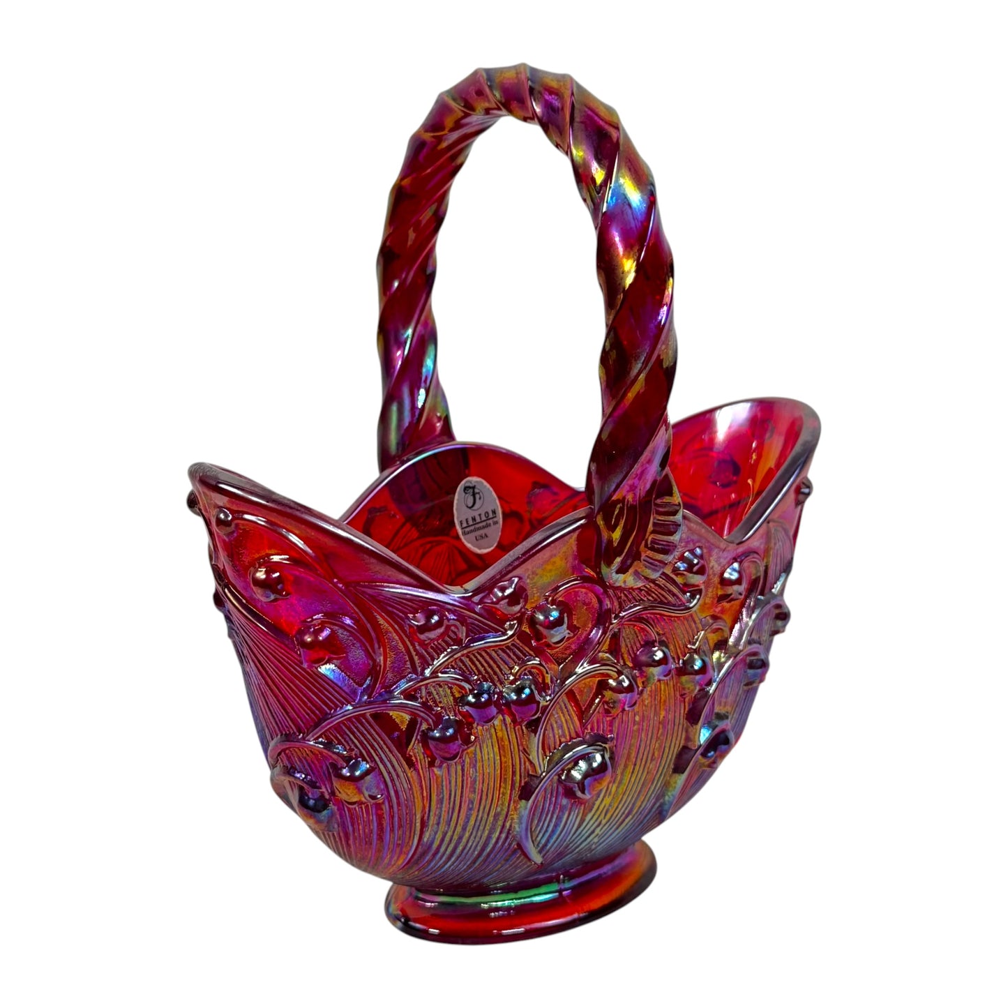 Vintage iridescent red glass basket with twisted handle floral design
