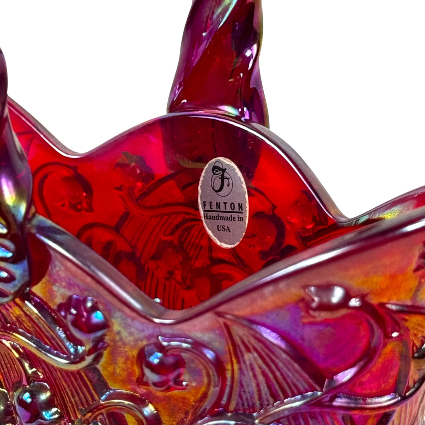 Red iridescent vintage glass basket decorative collectible