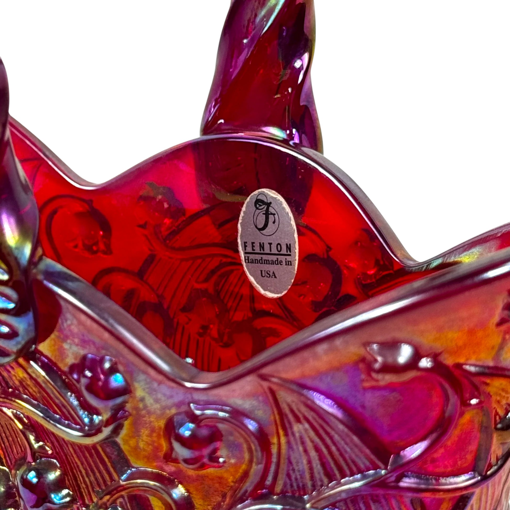 Red iridescent vintage glass basket decorative collectible