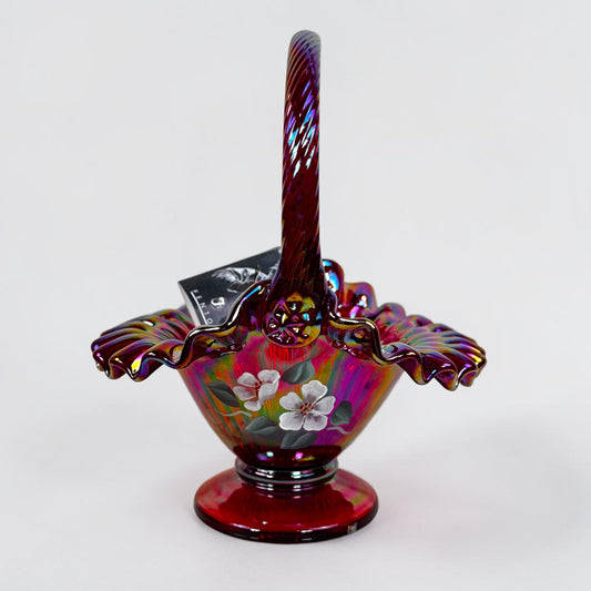 Fenton ruby red carnival glass basket with hand painted floral design