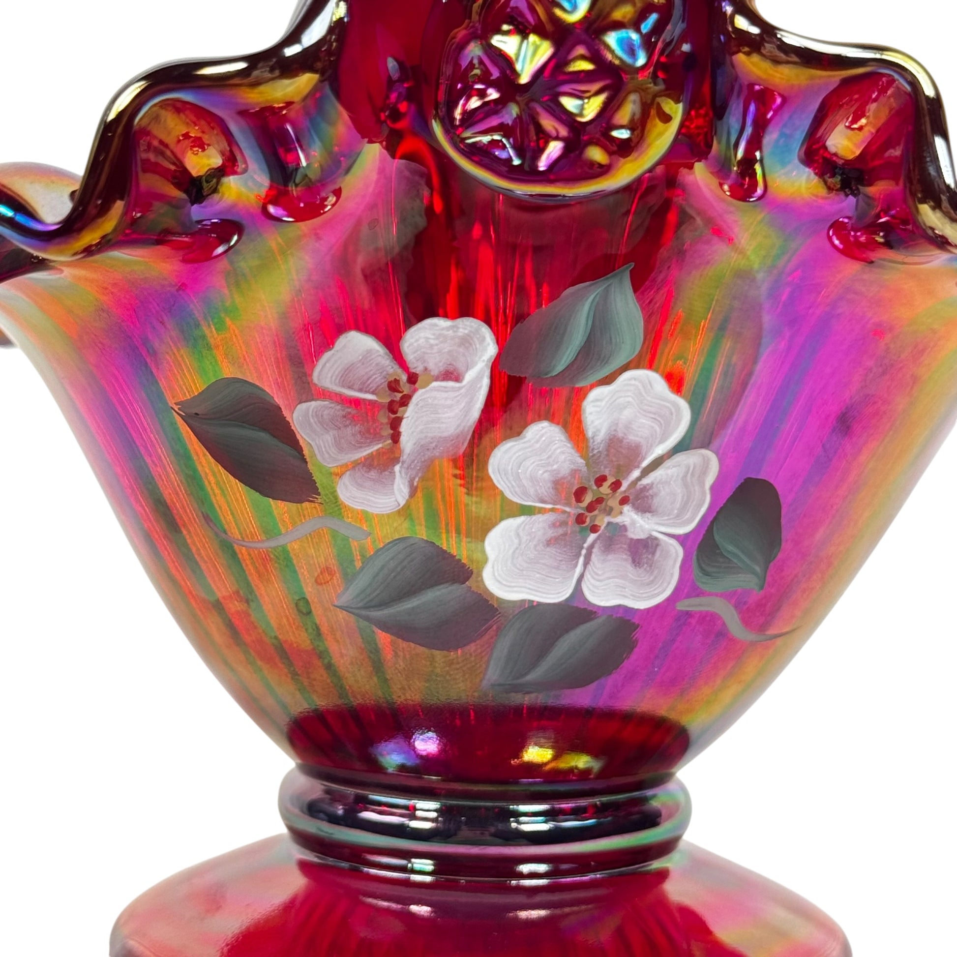 Vintage iridescent red glass basket with ribbed handle and ruffled rim