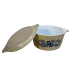1970s Pyrex casserole dish speckled cream with blue design