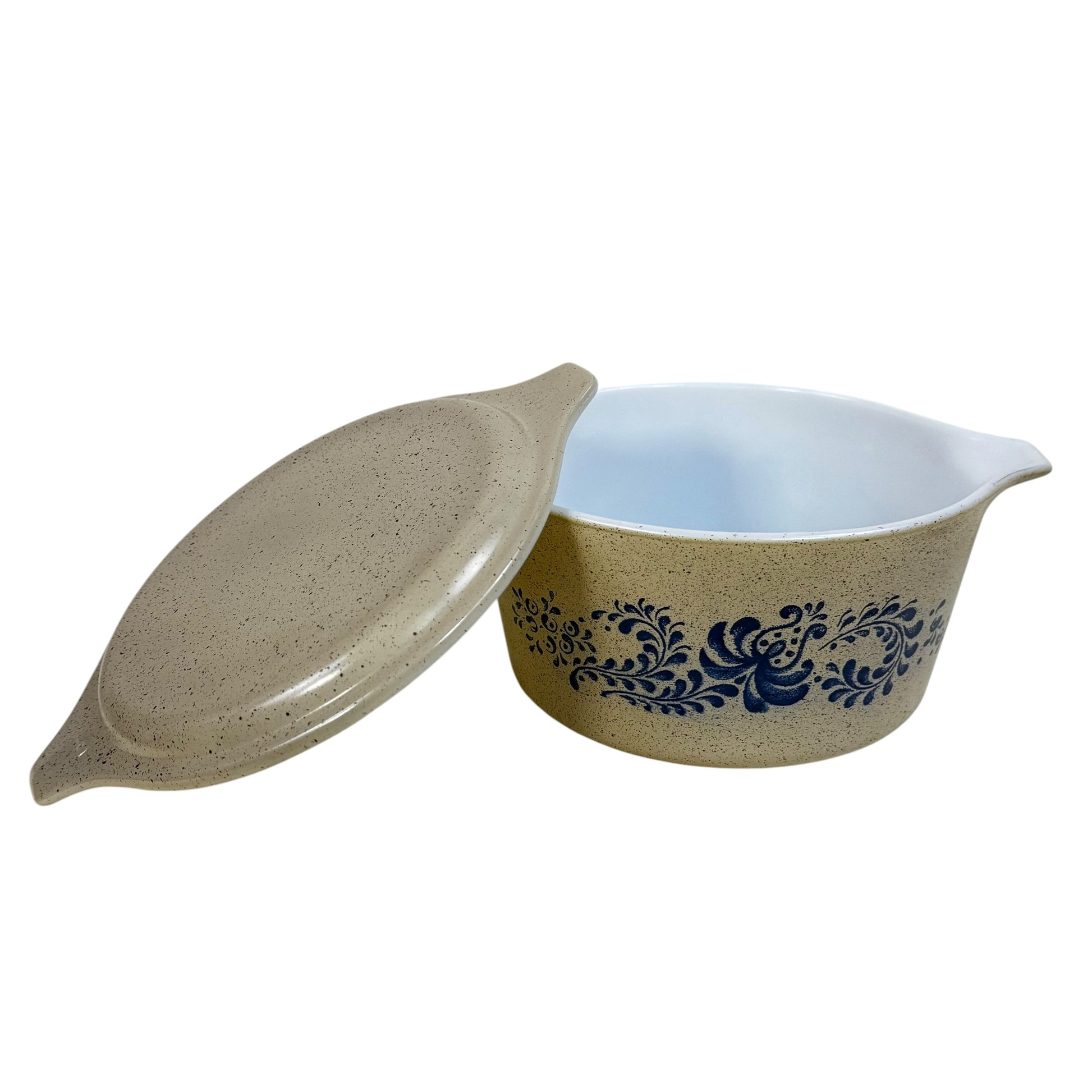 1970s Pyrex casserole dish speckled cream with blue design